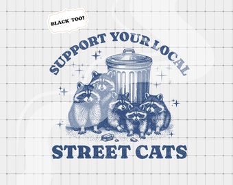 Gatos callejeros locales PNG, Gráfico retro imprimible, Diseño de camiseta divertida POD, Clipart de moda, Camiseta de mapache PNG, Mapache divertido PNG