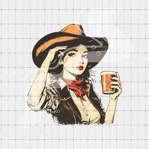 Cowgirl Holding Beer PNG, Retro Cowgirl Clip Art, Digital Download, Vintage Cowgirl Hat png, Country Western Sublimation Cowboy Rodeo png