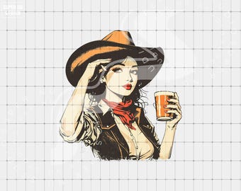 Cowgirl Holding Beer PNG, Retro Cowgirl Clip Art, Digital Download, Vintage Cowgirl Hat png, Country Western Sublimation Cowboy Rodeo png
