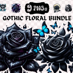 Gothic Floral Clip Art Bundle, 9 Black Rose PNG Bundle, Graphic Printable Art, Digital Download Clip Art, Trendy Clipart, Sublimation pngs