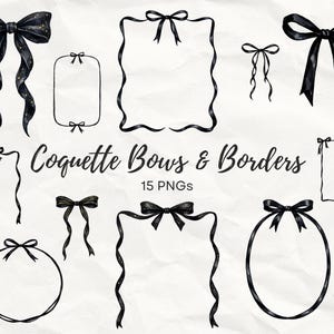 Peut inclure: Illustrations à l'aquarelle de nœuds et bordures noirs avec des accents dorés. L'image comprend divers modèles de nœuds et formes de cadres, avec le texte "Coquette Bows & Borders" et "15 PNGs".
