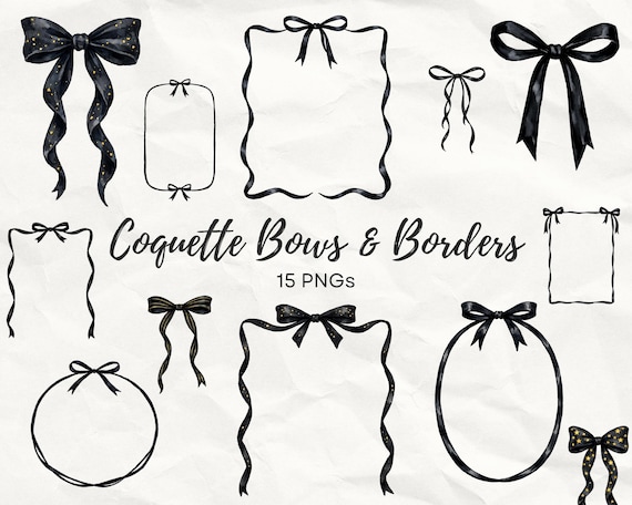 Black Coquette Bows & Borders Clip Art Bundle, Coquette Watercolour Clipart, 15 PNGs, Ribbon Bow Frames, Instant Download PNG Bundle