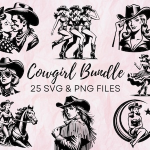 Cowgirl SVG/PNG Bundle, Western Rodeo Svg, Retro Cowgirl Svg, Vintage Western Svg, Cut Files For Cricut, Cowgirl png Bundle, Trendy Clip Art