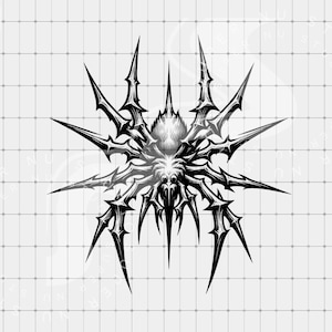 May include: A detailed black and white illustration of a stylized spider. The spider has multiple sharp, pointed legs and a textured body. The design is intricate and appears to be a digital artwork.