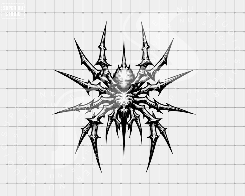 May include: A detailed black and white illustration of a stylized spider. The spider has multiple sharp, pointed legs and a textured body. The design is intricate and appears to be a digital artwork.