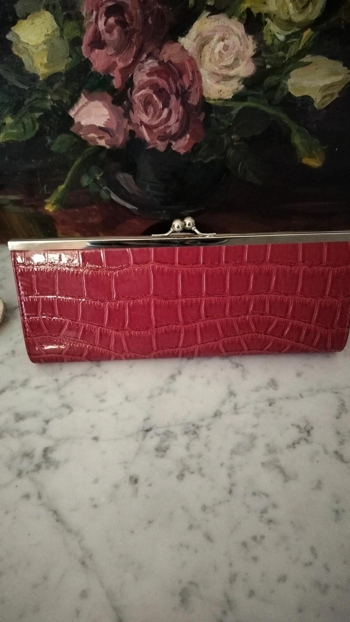 Vintage clutch burgundy patent handbag. New without tags, foto 1 di 4