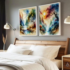 Armonía del Atardecer en Acuarela, Decoración de Pared Natural Serena, Paisaje Etéreo al Atardecer, Arte Digital para Exteriores Tranquilos