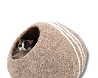Brown Stripe Cat Cave for Cat Lovers Organic Cat Cave Modern and Cozy High-Quality Kitty Bed Handmade from Merino Wool