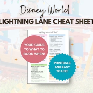 May include: A printable cheat sheet for booking Lightning Lane access at Disney World. The cheat sheet is divided into sections for each park, with tips on which attractions to book in advance and which to book in the park. The cheat sheet also includes information on Lightning Lane single-day passes.