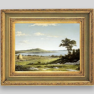 Dipinto naturalistico vintage, opera d'arte di paesaggi insulari, arte della costa del Rhode Island, dipinto di paesaggi marini vintage, stampa artistica da parete, stampa a olio