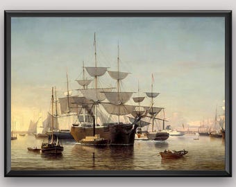 Maritime Wall Art, Vintage Ship Print, Tall Ship Art, Harbor Scene Painting,19th Century Ship Painting, Classic Marine Art,Nautical Wall Art