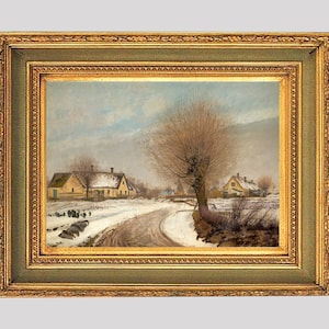 Arte scenica di fattoria invernale, dipinto di paesaggio d'epoca, stampa artistica murale di strada di campagna, dipinto a olio d'epoca, stampa di un antico villaggio innevato