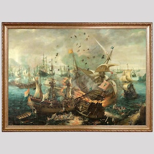 Battle of Gibraltar Painting, Antique Naval Battle Art, Vintage Seascape Print, Vintage Maritime Wall Art