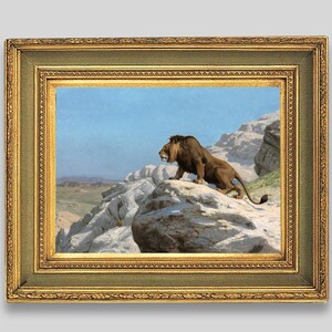 Stampe d'arte di animali d'epoca, dipinti di leoni, riproduzioni di dipinti d'arte, dipinti di animali selvatici, maestoso leone su una scogliera, dipinto di un grande felino