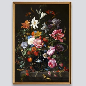 Vintage bloemenprint, antiek boeket schilderij, stilleven kunst aan de muur, reproductie olieverfschilderij, fine art bloemen poster, Nederlandse stillevenkunst