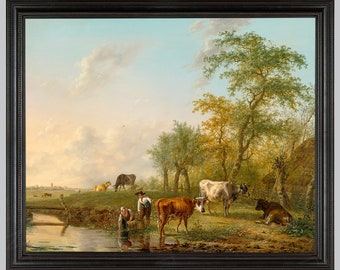 Oude landschapsscène schilderij pastoraal landschap muurkunst 19e-eeuws schilderij