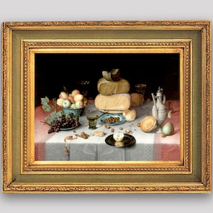 Natura morta d'epoca, natura morta olandese, arte di frutta e formaggio, pittura di cibo classico, natura morta barocca, decorazioni per la cucina, arte del cibo
