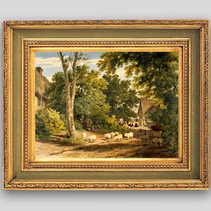 Dipinto di paesaggio agricolo, stampa artistica di campagna d'epoca, dipinto naturalistico, opera d'arte di scena rurale