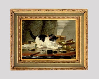 A Pet Painting | Black White Cat Print | Vintage Art | Artwork Print | Oil Painting