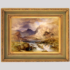 Pittura di paesaggio, paesaggio di montagna, arte del cervo maestoso, stampa di cascata, arte di valle di montagna, stampa sublime della natura, arte del XIX secolo