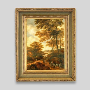 Herbst Landschaftsbild, Vintage Landschaftskunst, Fluss und Bäume Kunstwerk, Naturszene Wanddruck, Antike Dorfkunst