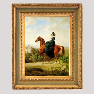 Arte equestre, dipinto di cavaliere, dipinto d'epoca, dipinto di donna a cavallo, arte murale paesaggistica