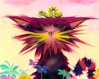 Cranky Cat, Funny Cat, Crazy Cat, Cindy Schmidt, Pink Cat, Cat Art, Cat and Bug, Fuzzy cats, Angry Cat, Inchworm, Cat and Inchworm,