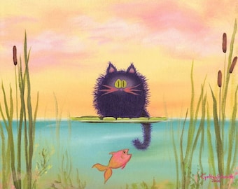 Cat Fishing, Cranky Cats, Cindy Schmidt, Purple Cat, Fish, Cat and Fish, Cat Tails, Cattails, Cute Cat, Funny Cat, Lilypad, Crazy Cat