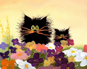 Scaredy Cats In Garden -  Cranky Cat Matted Print Cindy Schmidt Black Cats Funny Flowers Garden