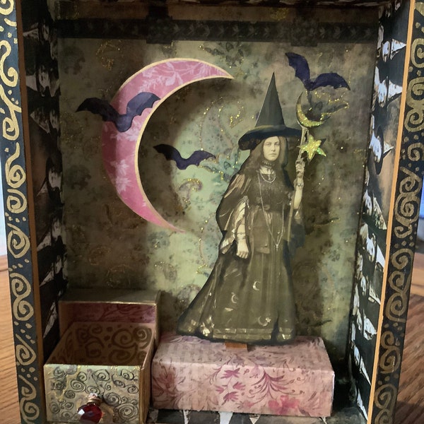 Halloween Witches, Vintage Witch, Witch and Bats, Moon, Treasure Box, Witch Shrine