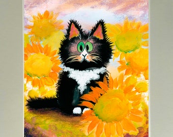 Cats, Cranky Cats, Cindy Schmidt,  Cute Cat, Funny Cat, Tuxedo Cat Sunflowers, Sunflowers, Cat and Flowers, Black and White Cat