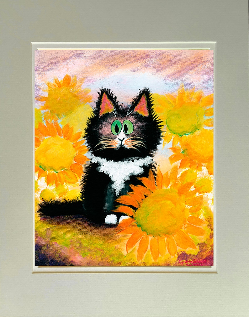 Cats, Cranky Cats, Cindy Schmidt, Cute Cat, Funny Cat, Tuxedo Cat Sunflowers, Sunflowers, Cat and Flowers, Black and White Cat image 1