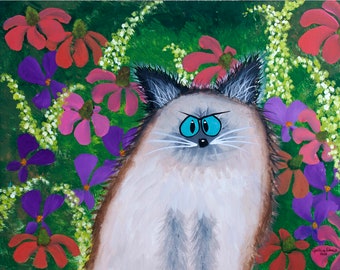 Siamese Cat, Cranky Cat, Cindy Schmidt, Cute Cat, Purple Flowers, Funny Cat, Whimsical Cat, Crazy Cat, Angry Cat, Cat in Flowers,