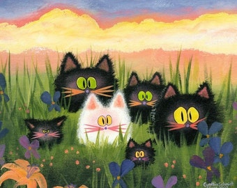 Herd of Kitties - Cranky Cat, Matted Print, Cute Cat, Funny Cat, Flowers, Garden, Summer, Cindy Schmidt, Crazy Cat, Black Cats, White Cat