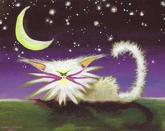 White Cranky Cat at Night - Cranky Cat, matted print, crazy cat, Cindy Schmidt, funny cat, moon, stars, cat art, whimsical