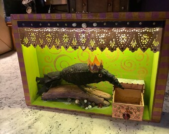 HORRIBLE RAVEN #4, assemblage art, treasure, recycled cigar box, cigar box art, diorama, raven, crystals, treasure box series, Royal Raven