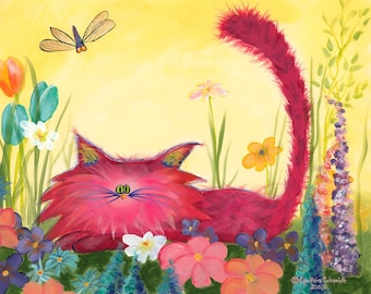 Pink Garden Kitty, Cranky Cat, Matted Print, Cindy Schmidt, pink cat, crazy cat, funny cat, flowers, garden, cute cat, Cat in garden