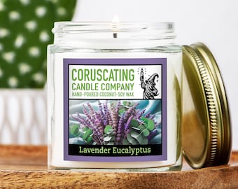 Lavender Eucalyptus Scented Coconut-Soy Glass Container Gift Candle / 4 oz. / Hand Poured in USA