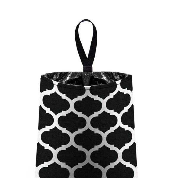 Car Trash Bag // Auto Trash Bag // Car Accessories // Car Litter Bag // Car Garbage Bag - Moroccan Trellis - Black and White