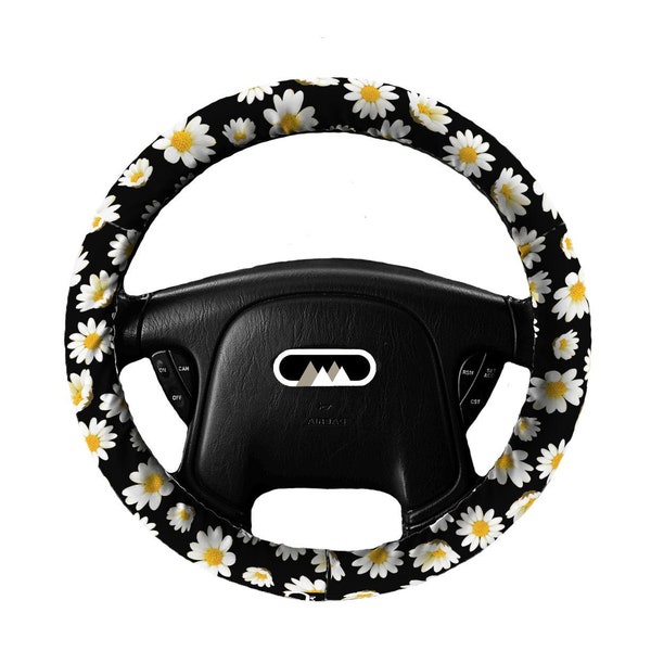 Lightly Padded Non Slip Steering Wheel Cover -Daisies - Car Accessories Cozy Soft Floral Flowers Black White Yellow Fabric Daisy Wildflower