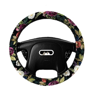 Lightly Padded Non Slip Steering Wheel Cover Boho Watercolor Floral - Car Accessories Cozy Soft Automobile Driving Black Green Purple Garden