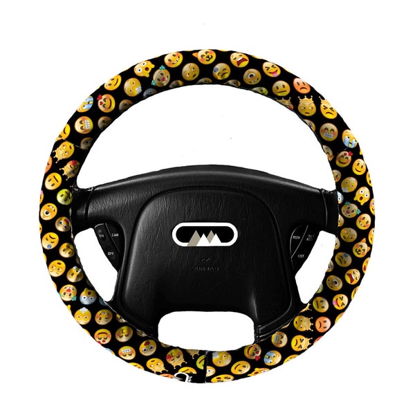 Lightly Padded Non Slip Steering Wheel Cover - Emoji - Car Accessory Accessories Cozy Soft Auto Smiley Face Black Cute Quirky Fun Steer