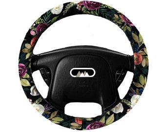 Lightly Padded Non Slip Steering Wheel Cover Boho Watercolor Floral - Car Accessories Cozy Soft Automobile Driving Black Green Purple Garden