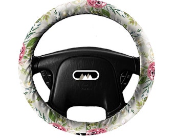 Lightly Padded Non Slip Steering Wheel Cover Vintage Watercolor Floral - Car Accessories Cozy Soft Roses Garden Country Off White Pastel