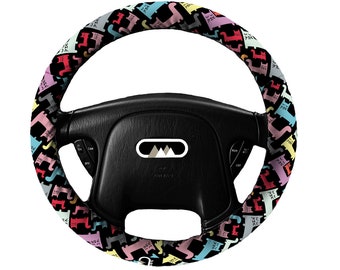 Lightly Padded Non Slip Steering Wheel Cover - Silly Kitties - Car Accessories Cozy Soft Black Pink Orange Blue Cat Animal Veterinary Lover