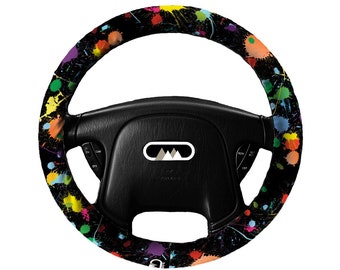 Lightly Padded Non Slip Steering Wheel Cover - Paint Splatter - Car Accessory Accessories Cozy Soft Auto Art Artist Abstract Painting Black