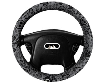 Lightly Padded Non Slip Steering Wheel Cover - Sugar Skulls - Car Accessory Accessories Cozy Flowers Tattoo Bird Grey Black Dia de Muertos