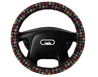 Lightly Padded Non Slip Steering Wheel Cover - Peace Signs - Rainbow Colors - Car Accessories Black Purple Red Yellow Pink Green Blue retro