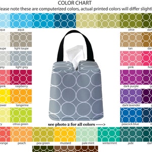 May include: A gray tissue box cover with a white circle pattern. The cover has a black handle and is made of fabric. The image shows a color chart with 20 different colors, each with a name.
