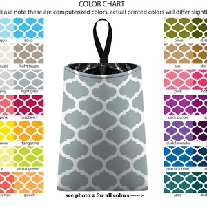 May include: Color chart showing 24 different colors of a fabric trash can with a black handle. The fabric has a white trellis pattern. The colors are arranged in two columns of 12 colors each. The colors are: pale aqua, aqua, pale taupe, light taupe, pale grey, light grey, coral pink, raspberry, sunflower, tangerine, celery, citrus green, coral orange, peach, olive, dark olive, tan, dark tan, pink, hot pink, dark purple, grape, dark lavender, plum, peacock blue, navy, jade, and dark jade.